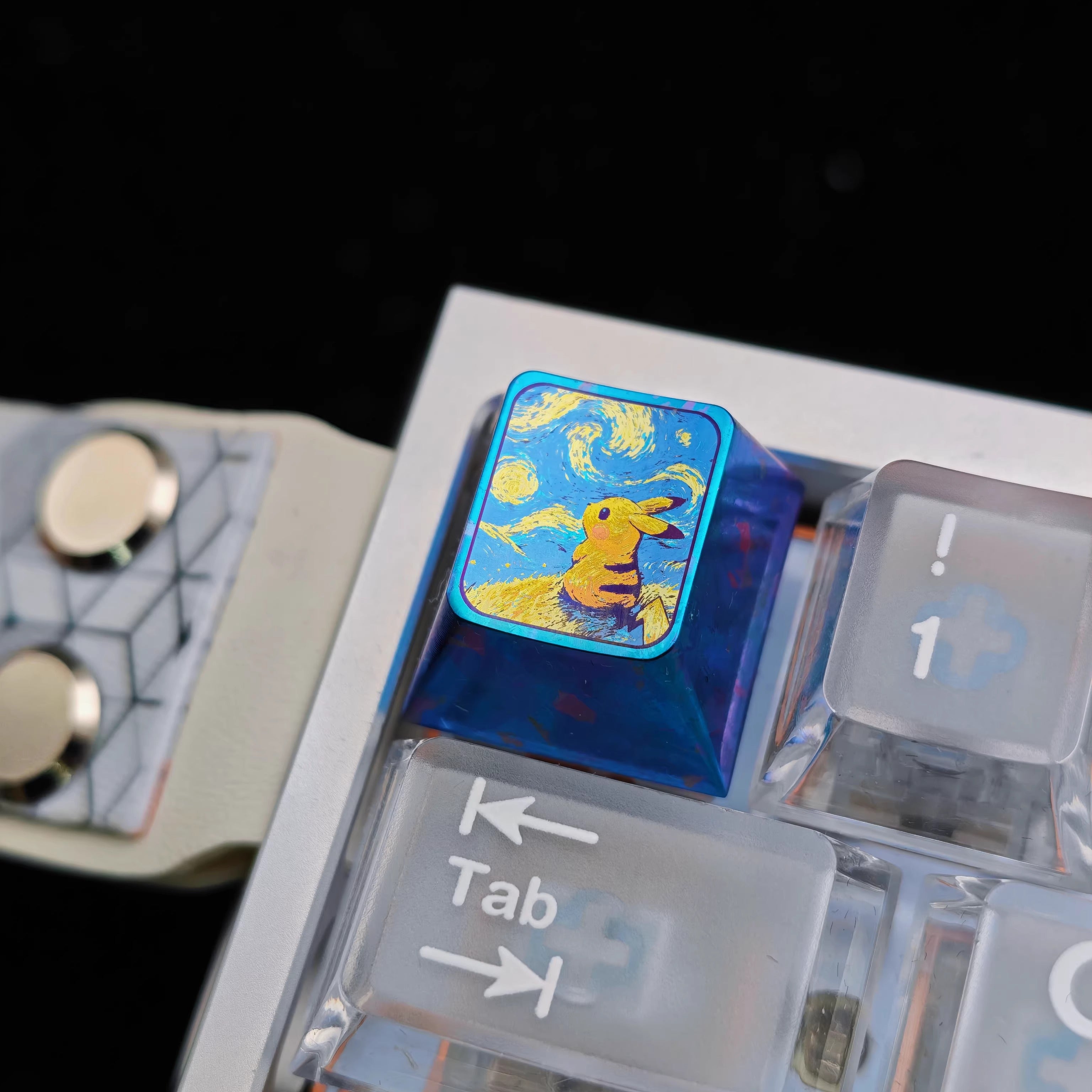 Pok é mon series, Starry Sky Pikachu 1U titanium alloy metal personalized keycaps, anime and game culture creative decorative keycaps
