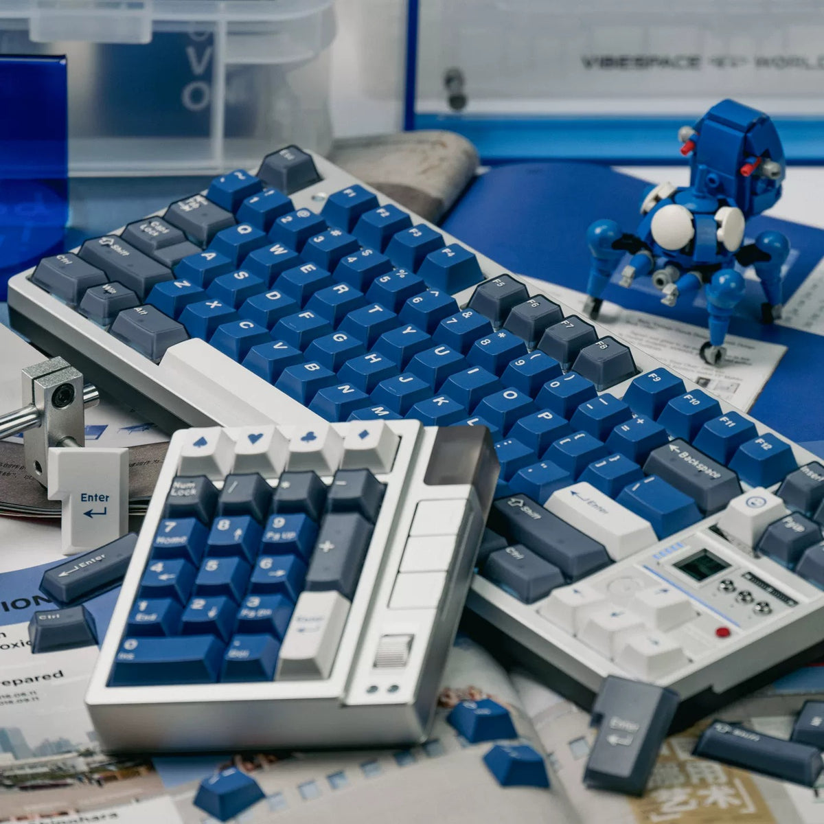 Warrior Blue Grey Half Transparent Full Set Keycap ABS+PC Two Color, Simple Blue Tone, Mechanical Keyboard Replacement Keycap Set, Compatible with 61/64/68/75/84/87/104 Key Mechanical Keyboard Keycap Set