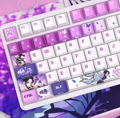 Demon Slayer: Kimetsu no Yaiba，Kochou Shinobu Theme PBT material personalized keycap set, anime cultural creative decoration keycap set, compatible with 61/64/68/75/84/87/104 mechanical keyboard