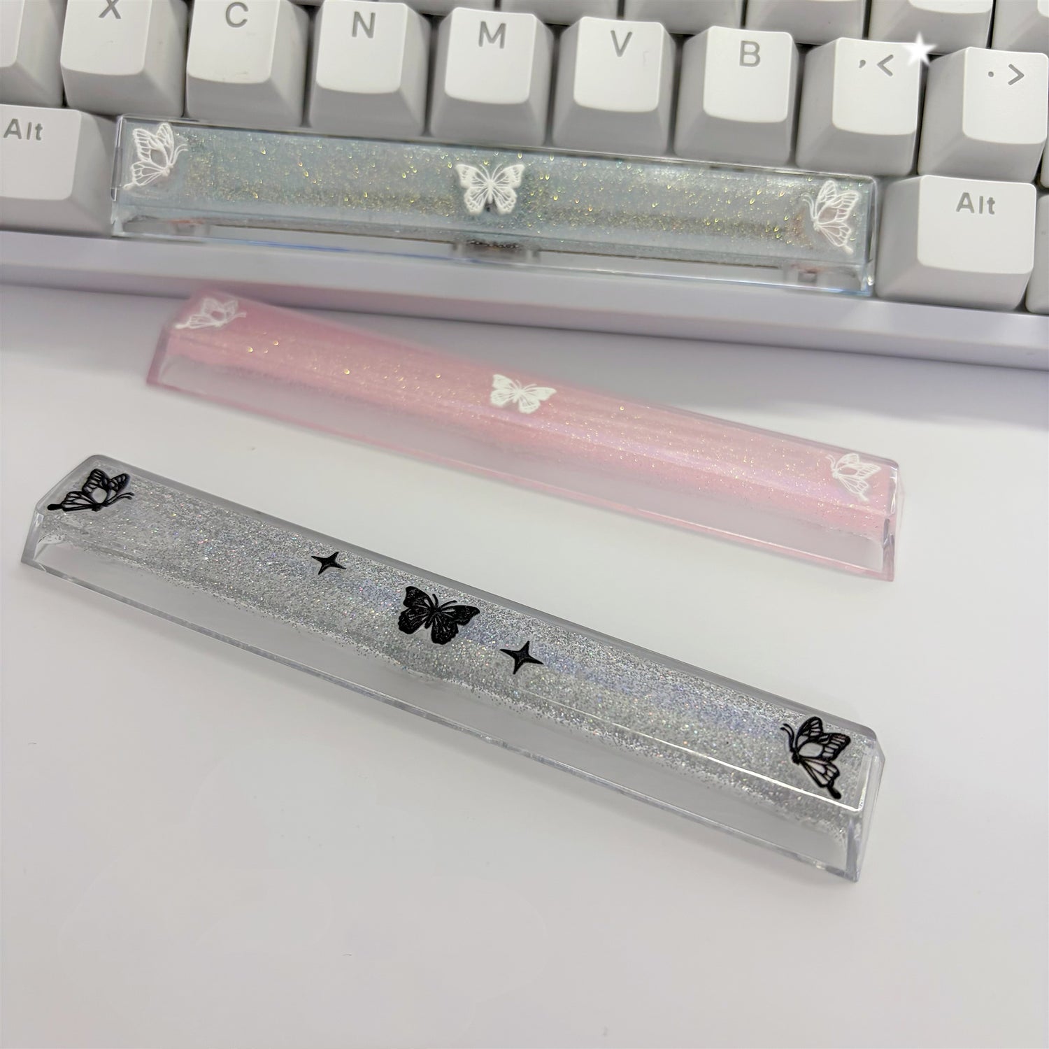 Transparent glitter butterfly keycaps Spacebar 6.25U factory height gaming mechanical keyboard decorative keycaps