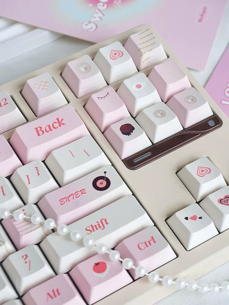 Love Notes, Pink themed PBT material personalized keycap set, mechanical keyboard replacement decorative keycaps, compatible with 61/64/68/75/84/87/104 key mechanical keyboard