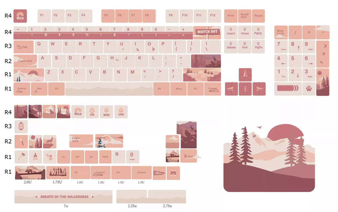 Personalized keycap set with Twilight Wilderness theme, featuring a red main tone and original high PBT material for personalized customization of mechanical keyboard keycaps