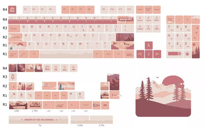 Personalized keycap set with Twilight Wilderness theme, featuring a red main tone and original high PBT material for personalized customization of mechanical keyboard keycaps