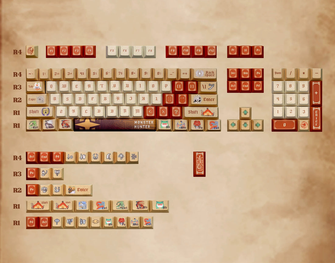 Monster Hunter Theme Wilderness Colors, PBT material personalized keycaps, mechanical keyboard replacement keycap set, anime and game cultural and creative keycaps set, Compatible with 61/64/68/75/84/87/104 Key Mechanical Keyboard Keycap Set