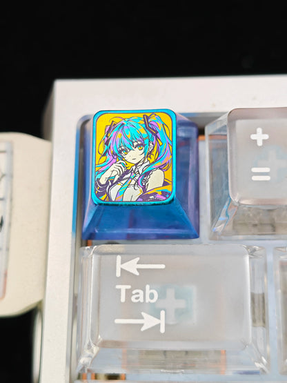 Hatsune Miku, yellow background, colorful 1 U titanium alloy personalized keycaps, anime and game culture creative art keycaps, mechanical keyboard decorative keycaps