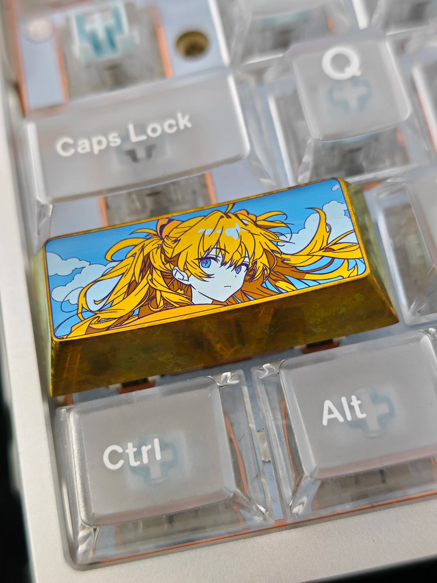 EVA， Asuka, Yellow Hair Version 2.25 U Titanium alloy personalized keycaps, anime and game cultural creative keycaps, mechanical keyboard decorative keycaps