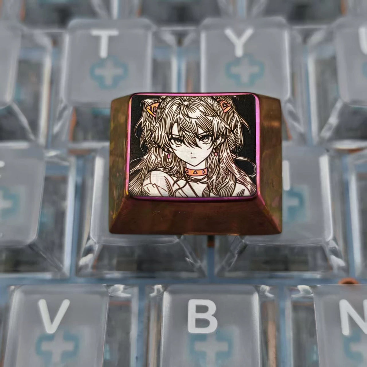 EVA, Asuka themed intricately carved lines 1.25 U titanium alloy metal personalized keycaps, anime and game character peripheral products, decorative keycaps.