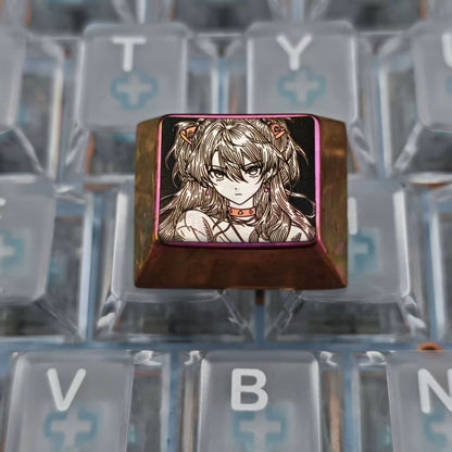 EVA, Asuka themed intricately carved lines 1.25 U titanium alloy metal personalized keycaps, anime and game character peripheral products, decorative keycaps.