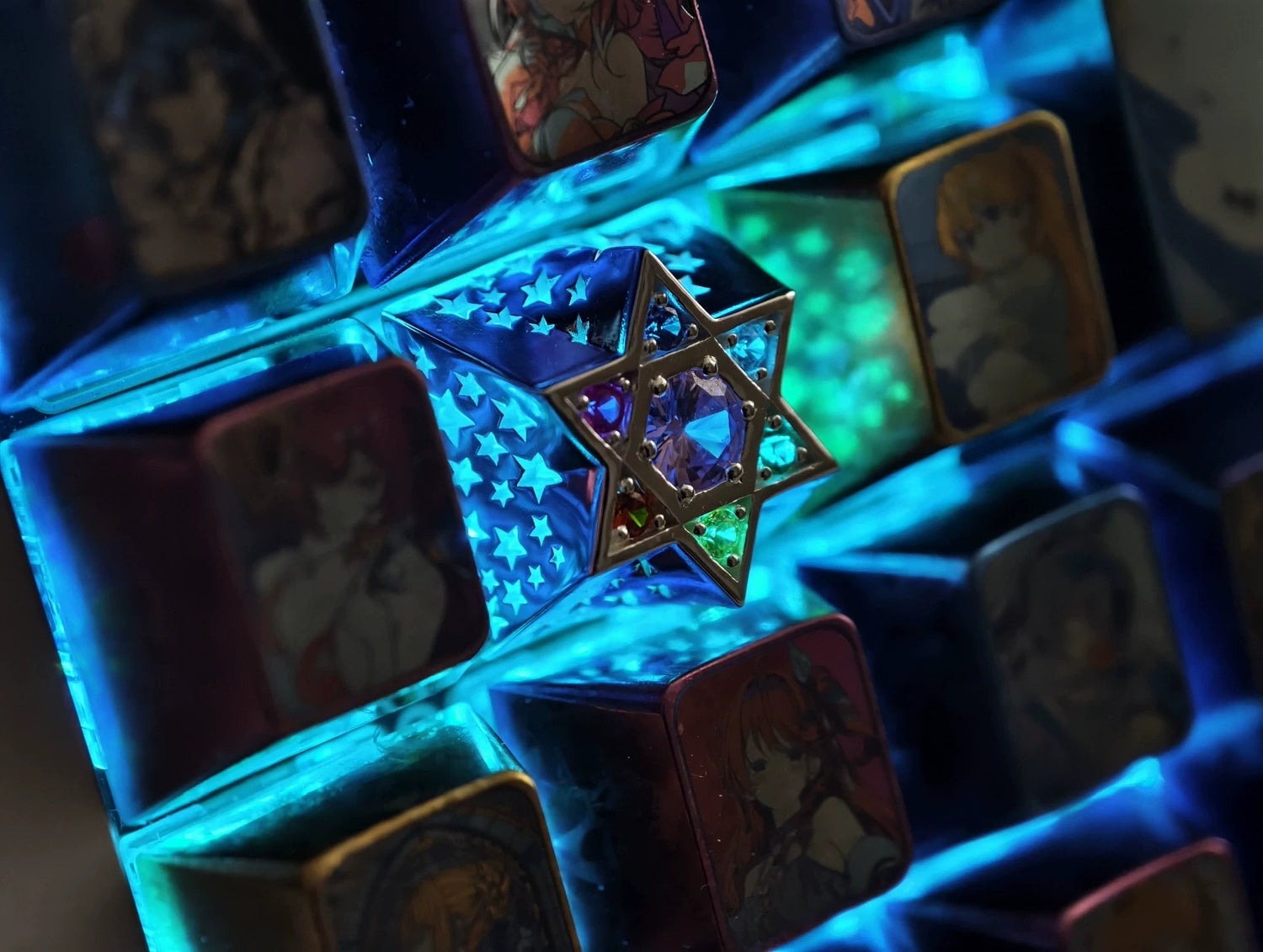 Hexagonal star, multi-color gemstone inlay, 925 sterling silver personalized keycap, hollowed out design mechanical keyboard metal decorative keycap