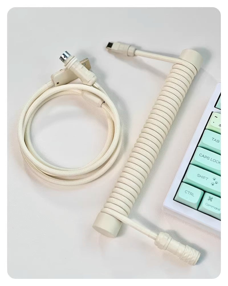 Ivory white handmade custom keyboard 1.5M aviation plug spiral data cable, overall white hardware white