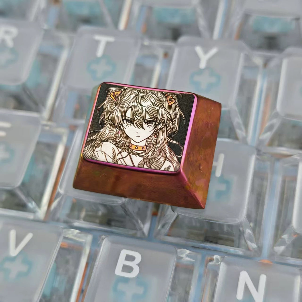 EVA, Asuka themed intricately carved lines 1.25 U titanium alloy metal personalized keycaps, anime and game character peripheral products, decorative keycaps.