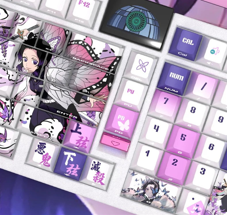 Demon Slayer: Kimetsu no Yaiba，Kochou Shinobu Theme PBT material personalized keycap set, anime cultural creative decoration keycap set, compatible with 61/64/68/75/84/87/104 mechanical keyboard
