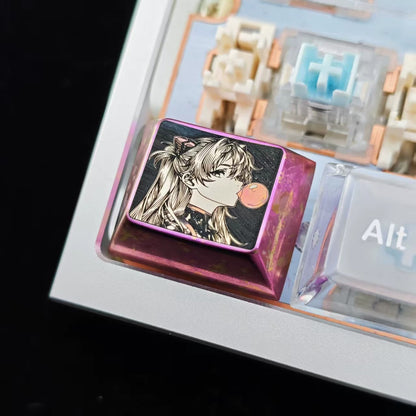 EVA, Asuka themed intricately carved lines 1.25 U titanium alloy metal personalized keycaps, anime and game character peripheral products, decorative keycaps.