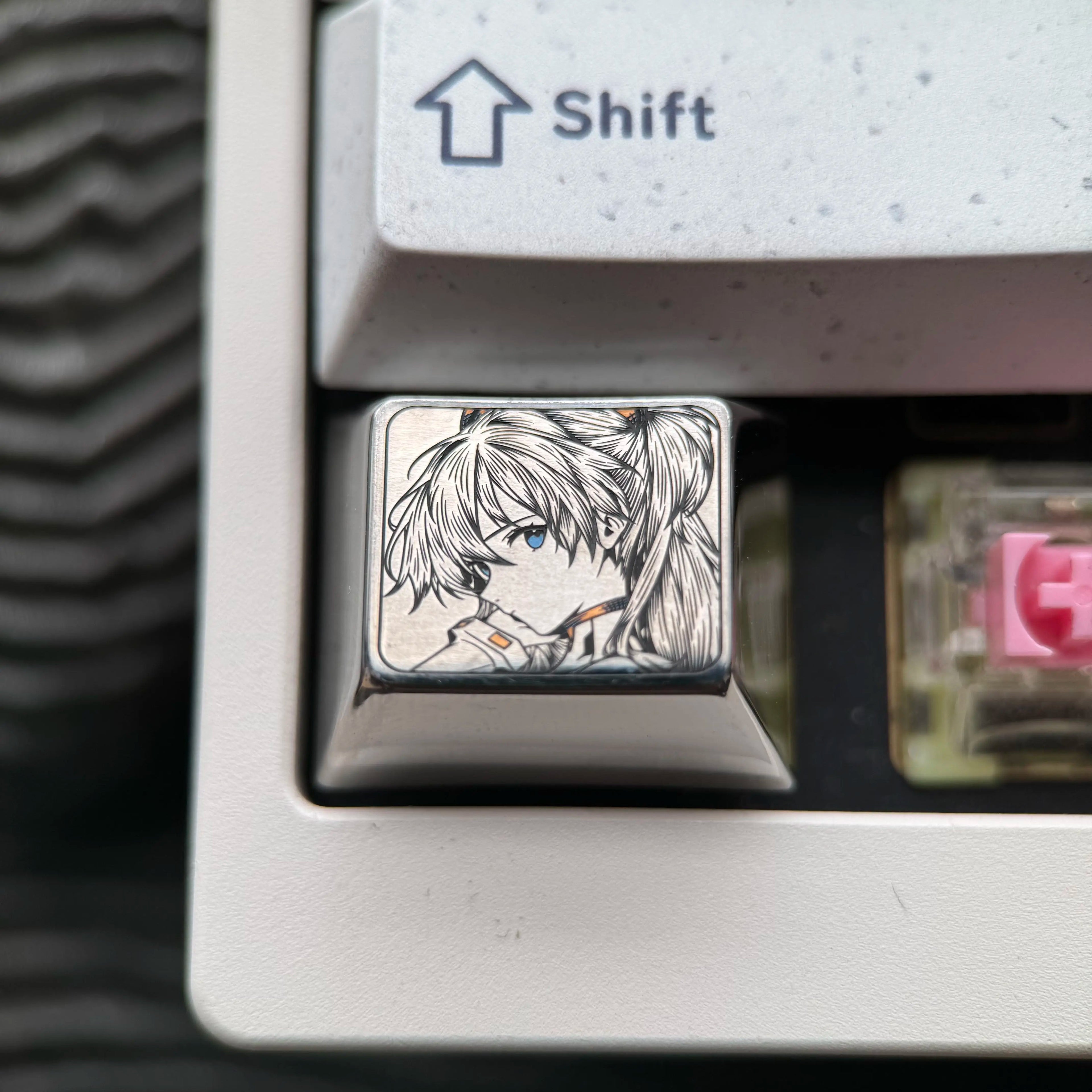 EVA， Asuka, 1.25U precision carved Titanium alloy personalized keycaps, 4 series anime creative culture metal material keycaps, mechanical keyboard decorative keycaps