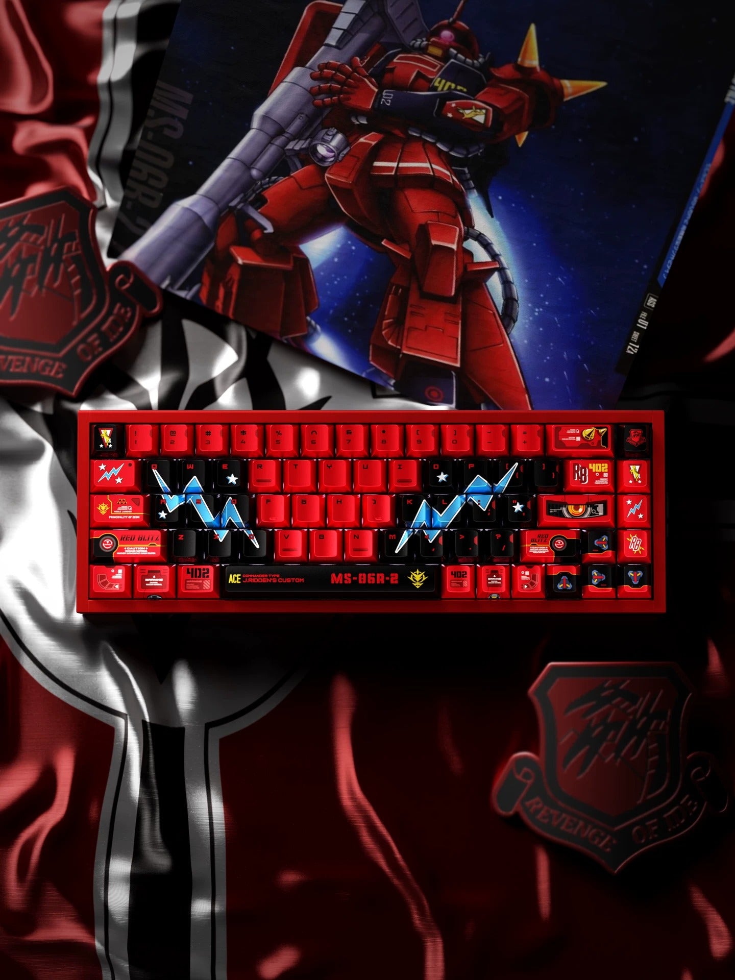 GUNDAM series, designed with Johnny Ridden theme MS-06S，Keycaps Customized Mechanical Keyboard PBT Thermal Sublimation Original Factory Height, compatible with 61/64/68/75/84/87/104 key mechanical keyboards