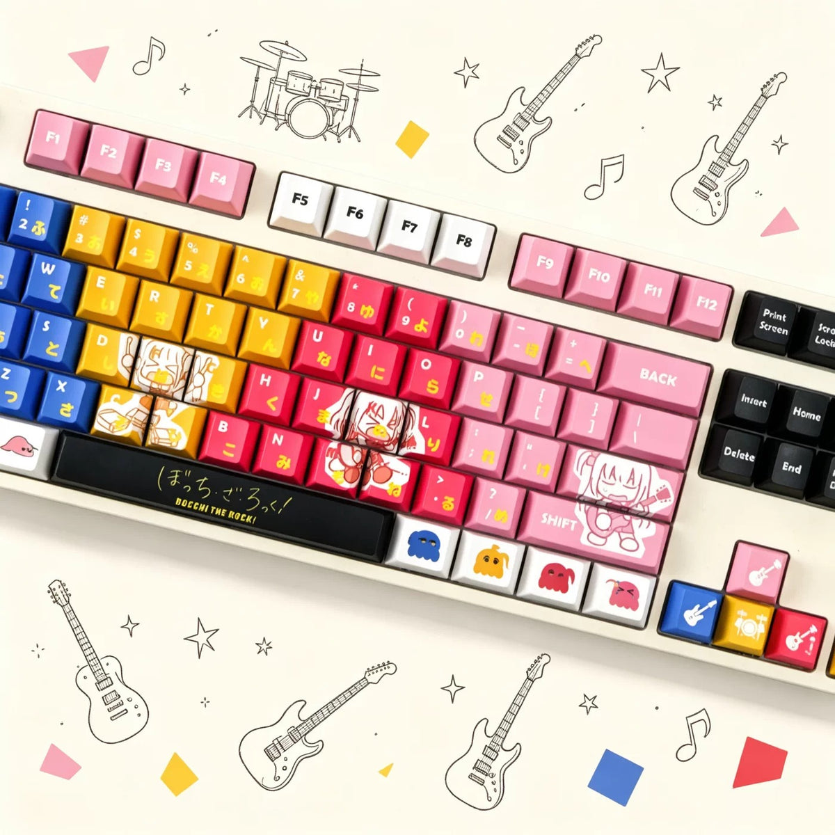 Bocchi The Rock! ， Kessoku Banndo cartoon characters PBT material personalized keycap set, anime keycap culture peripheral mechanical keyboard decoration keycaps， Compatible with 61/64/68/75/84/87/104 key mechanical keyboard keycap set
