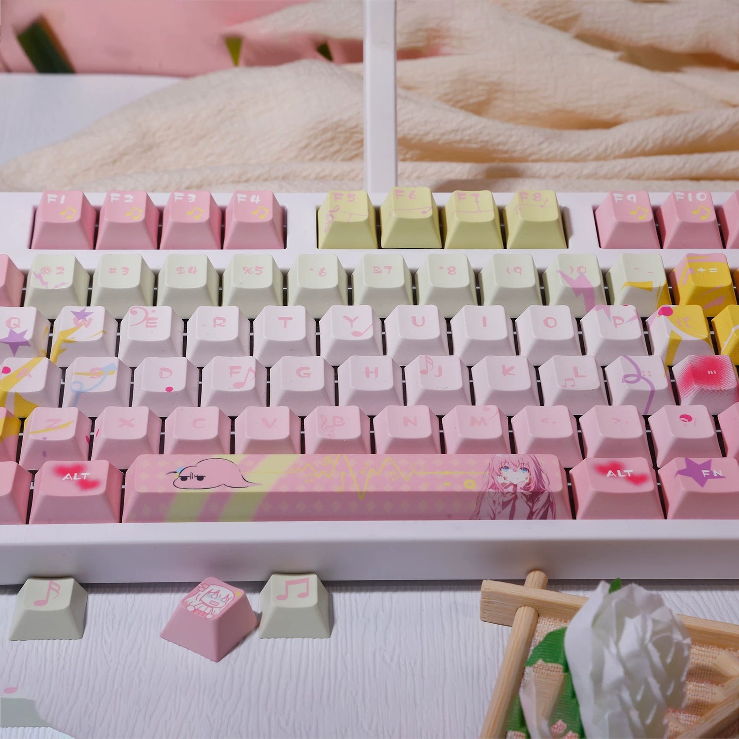 BOCCHI THE ROCK! ， Gotoh Hitori theme, PBT material personalized keycap set, anime keycap culture peripheral mechanical keyboard decoration keycaps， Compatible with 61/64/68/75/84/87/104 key mechanical keyboard keycap set