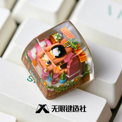 Original Design Penguin Baby Crystal Resin Personalized Keycaps, Cartoon Miniature Landscape Keycaps, Mechanical Keyboard Decorative Keycaps