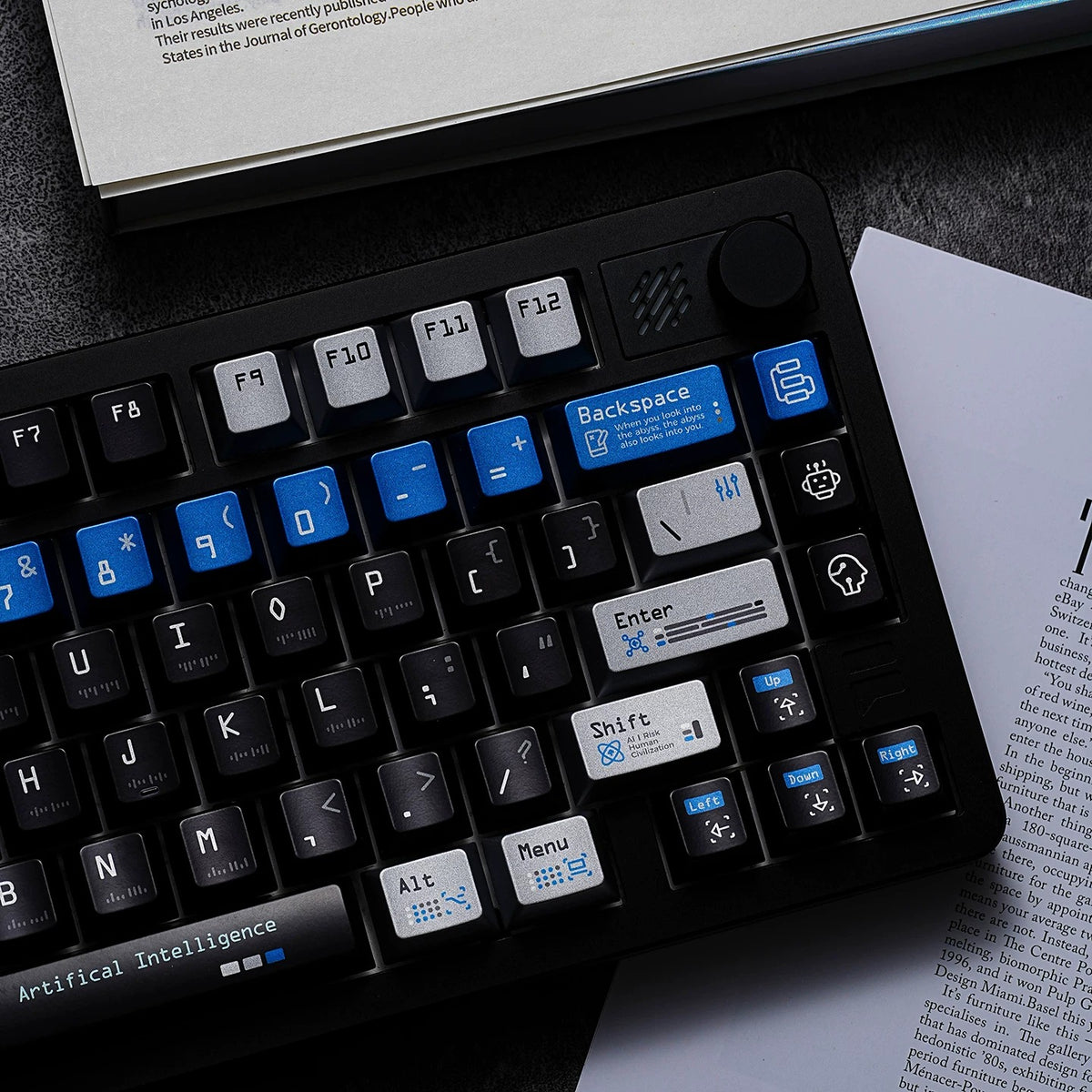 Artificial intelligence themed design, personalized key cap set with metallic paint texture, AI intelligent mechanical keyboard decorative keycaps, compatible with 61/64/68/75/84/87/104 key mechanical keyboard