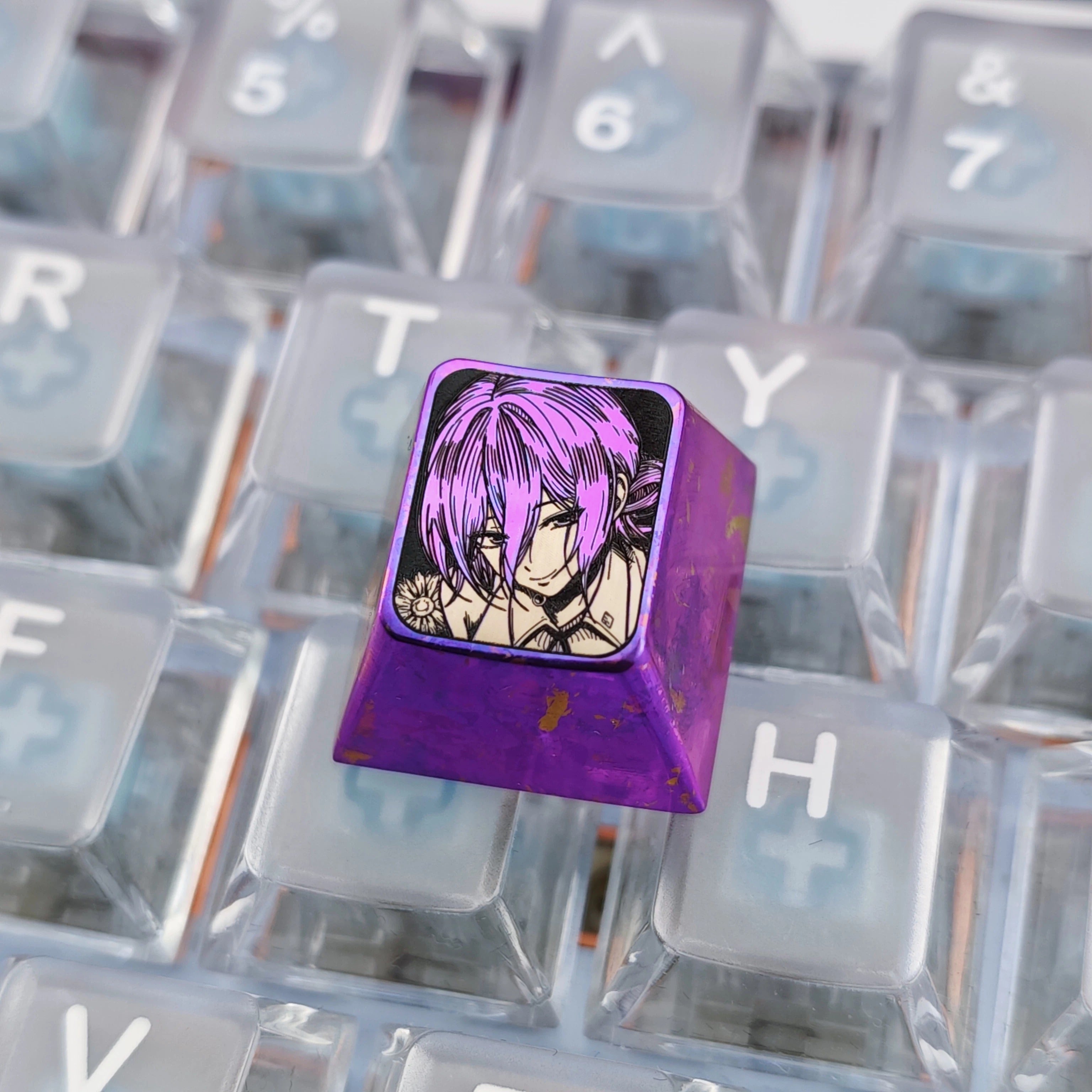Chainsaw Man, Reze, 1U titanium alloy ice crystal+hollow personalized keycaps, anime, gaming, cultural and creative peripheral products, mechanical keyboard decoration keycaps