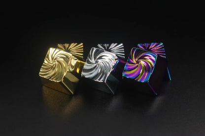 Explosion vortex geometric graphic art keycaps with iridescent gold plating, gold-plated silver mechanical keyboard, zinc aluminum alloy metal personalized keycaps