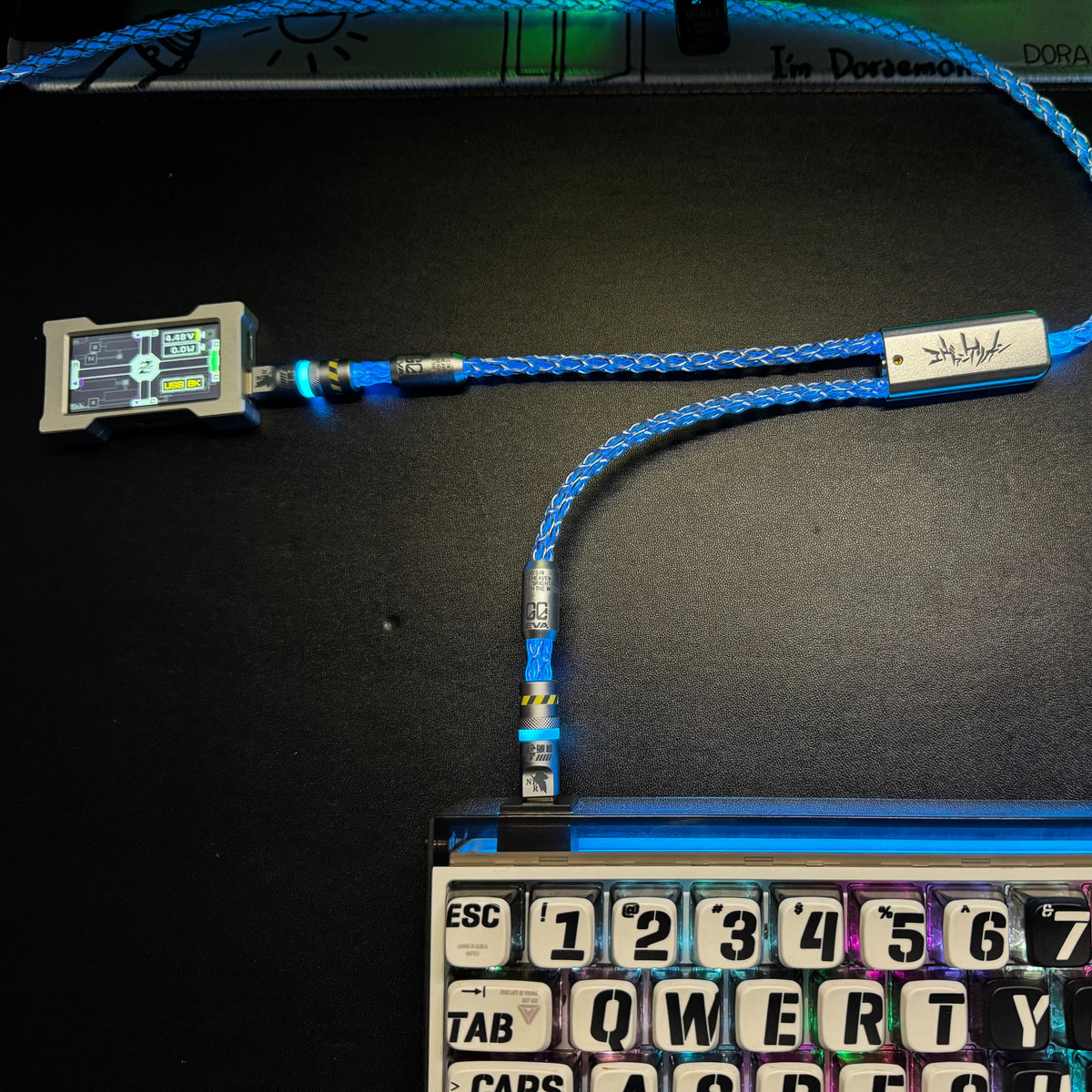 Customized manual data cable for mechanical keyboard with EVA theme design, dual type C aviation plug, dual 8K luminous data cables, magnetic axis mechanical keyboard
