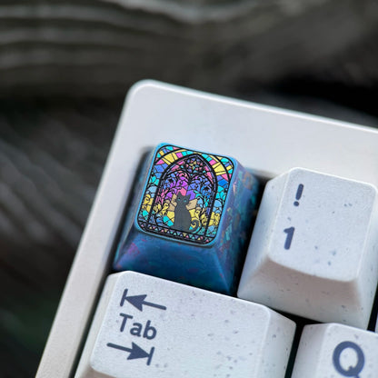Black cat glass floral style 1U titanium alloy personalized keycap, anime game creative peripheral mechanical keyboard decoration keycap