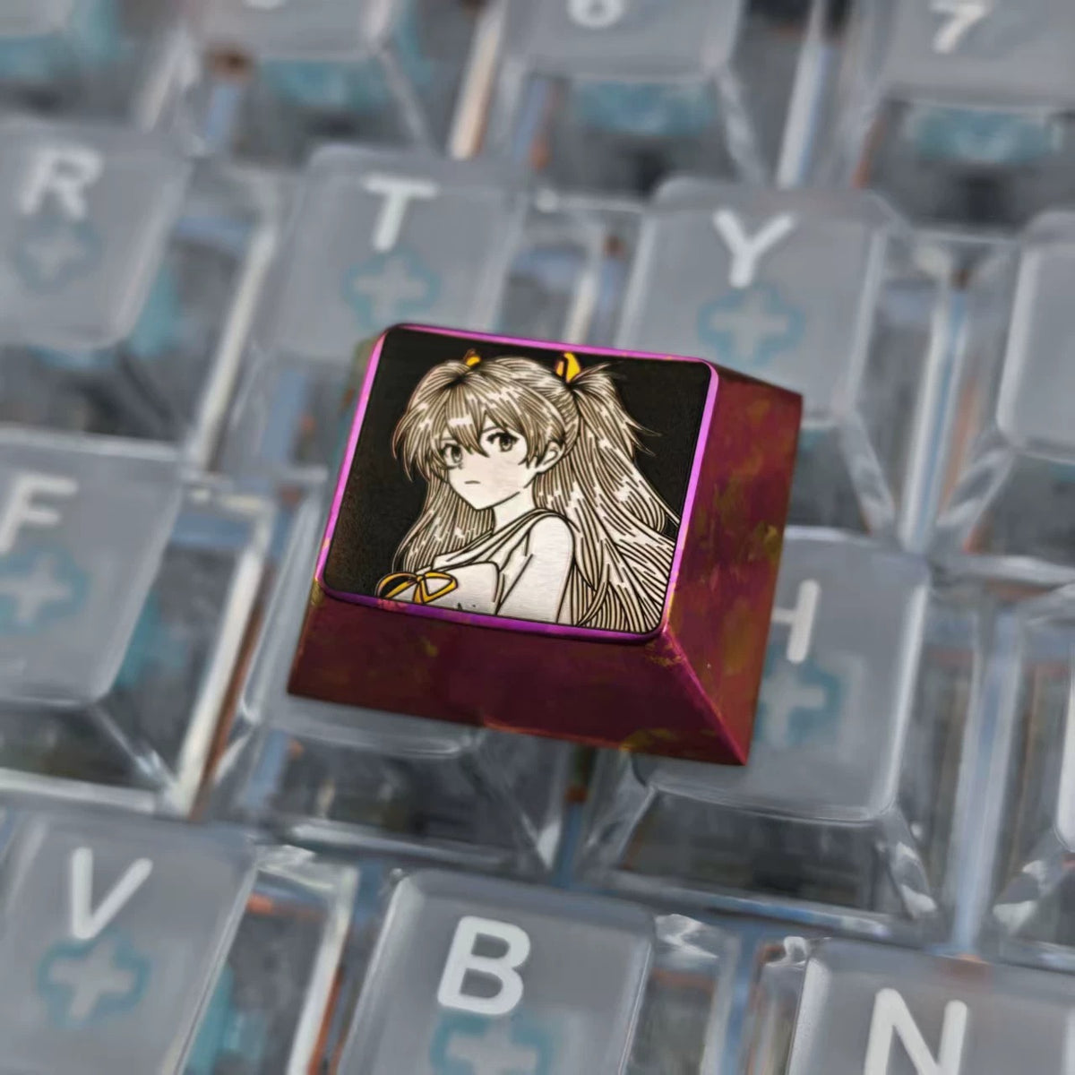 EVA, Asuka themed intricately carved lines 1.25 U titanium alloy metal personalized keycaps, anime and game character peripheral products, decorative keycaps.