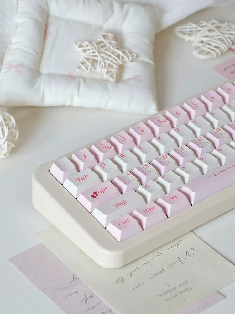 Love Notes, Pink themed PBT material personalized keycap set, mechanical keyboard replacement decorative keycaps, compatible with 61/64/68/75/84/87/104 key mechanical keyboard