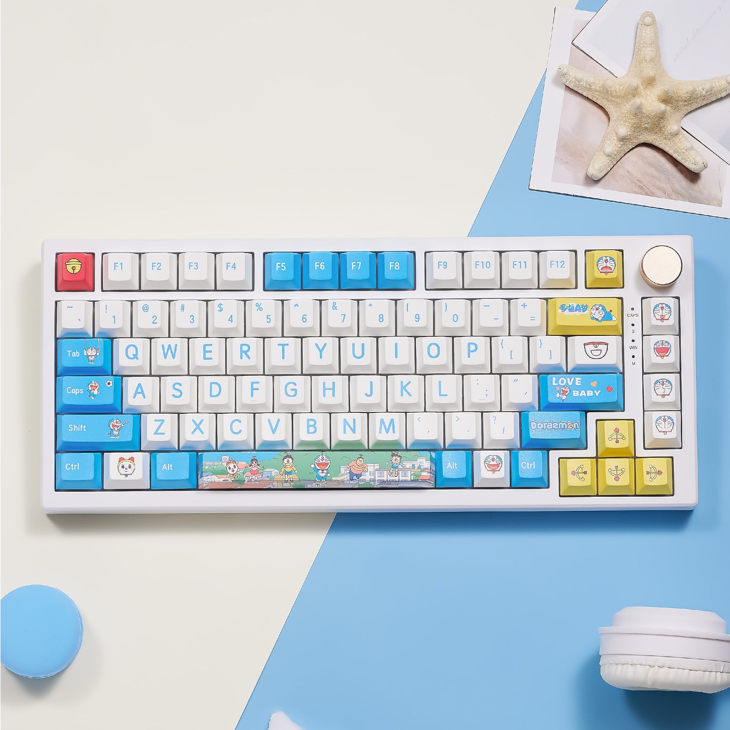 Doraemon theme design, made of PBT material, sublimation， Personalized keycaps, mechanical keyboard decorative keycaps.