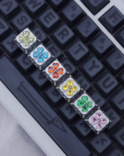 Lucky Four Leaves Clover, metal gemstone combined with personalized keycaps, lucky item mechanical keyboard decorative keycaps.