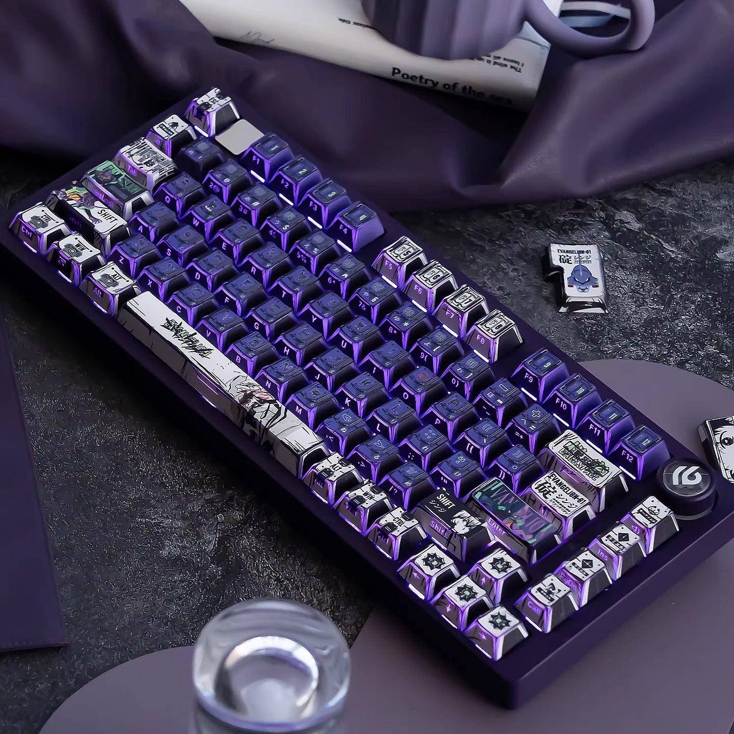 EVA series, EVANGELION-01 theme, comic style PBT keycap with folded edges and transparent five sided heat sublimation mechanical keyboard decoration keycap, compatible with 61/64/68/75/84/87/104 key mechanical keyboard keycap set