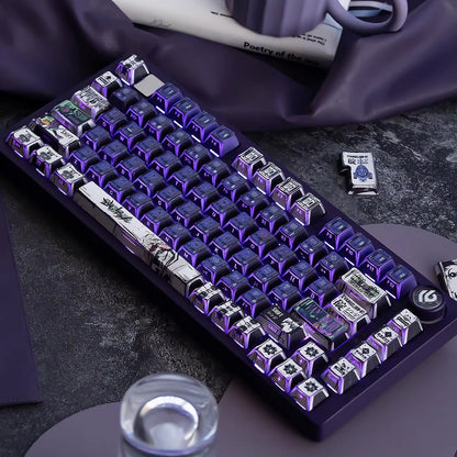 EVA series, EVANGELION-01 theme, comic style PBT keycap with folded edges and transparent five sided heat sublimation mechanical keyboard decoration keycap, compatible with 61/64/68/75/84/87/104 key mechanical keyboard keycap set