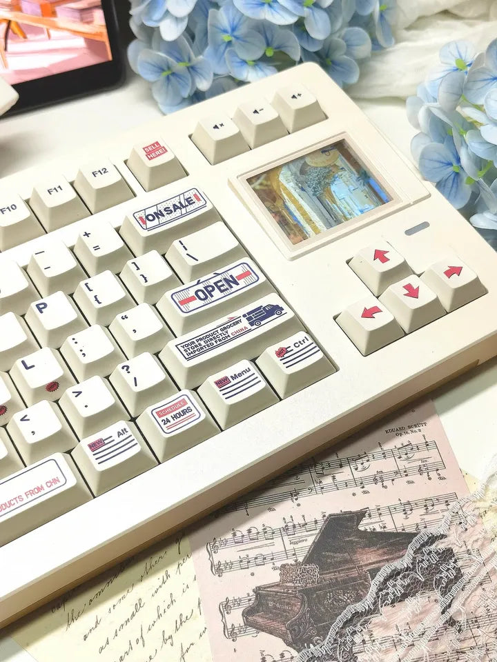 Convenience store themed design, PBT material personalized keycap set, mechanical keyboard replacement decorative keycaps, compatible with 61/64/68/75/84/87/104 key mechanical keyboard