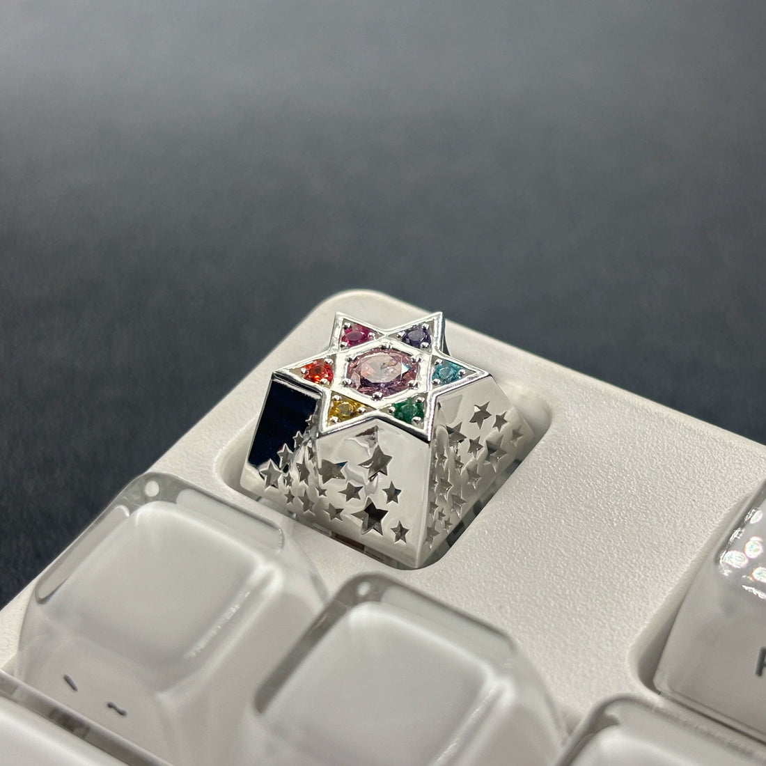 Hexagonal star, multi-color gemstone inlay, 925 sterling silver personalized keycap, hollowed out design mechanical keyboard metal decorative keycap