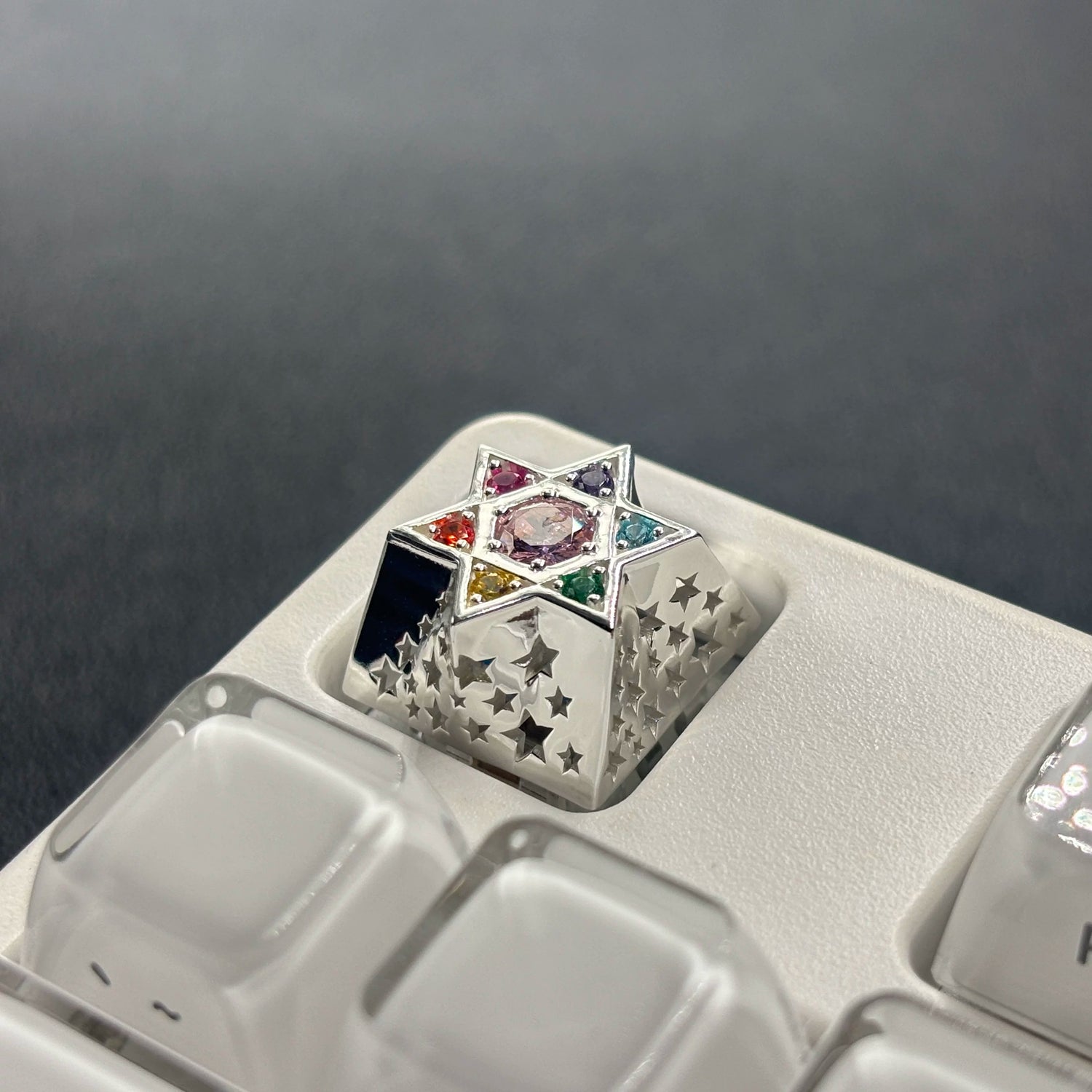 Hexagonal star, multi-color gemstone inlay, 925 sterling silver personalized keycap, hollowed out design mechanical keyboard metal decorative keycap
