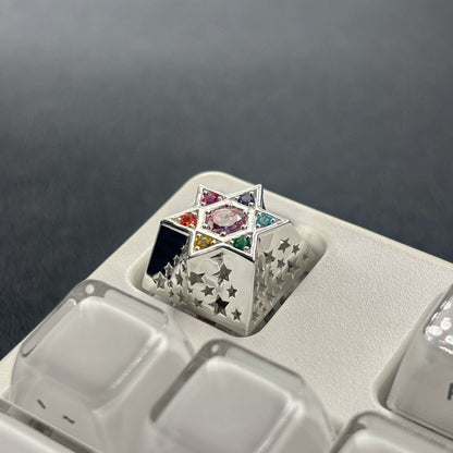 Hexagonal star, multi-color gemstone inlay, 925 sterling silver personalized keycap, hollowed out design mechanical keyboard metal decorative keycap