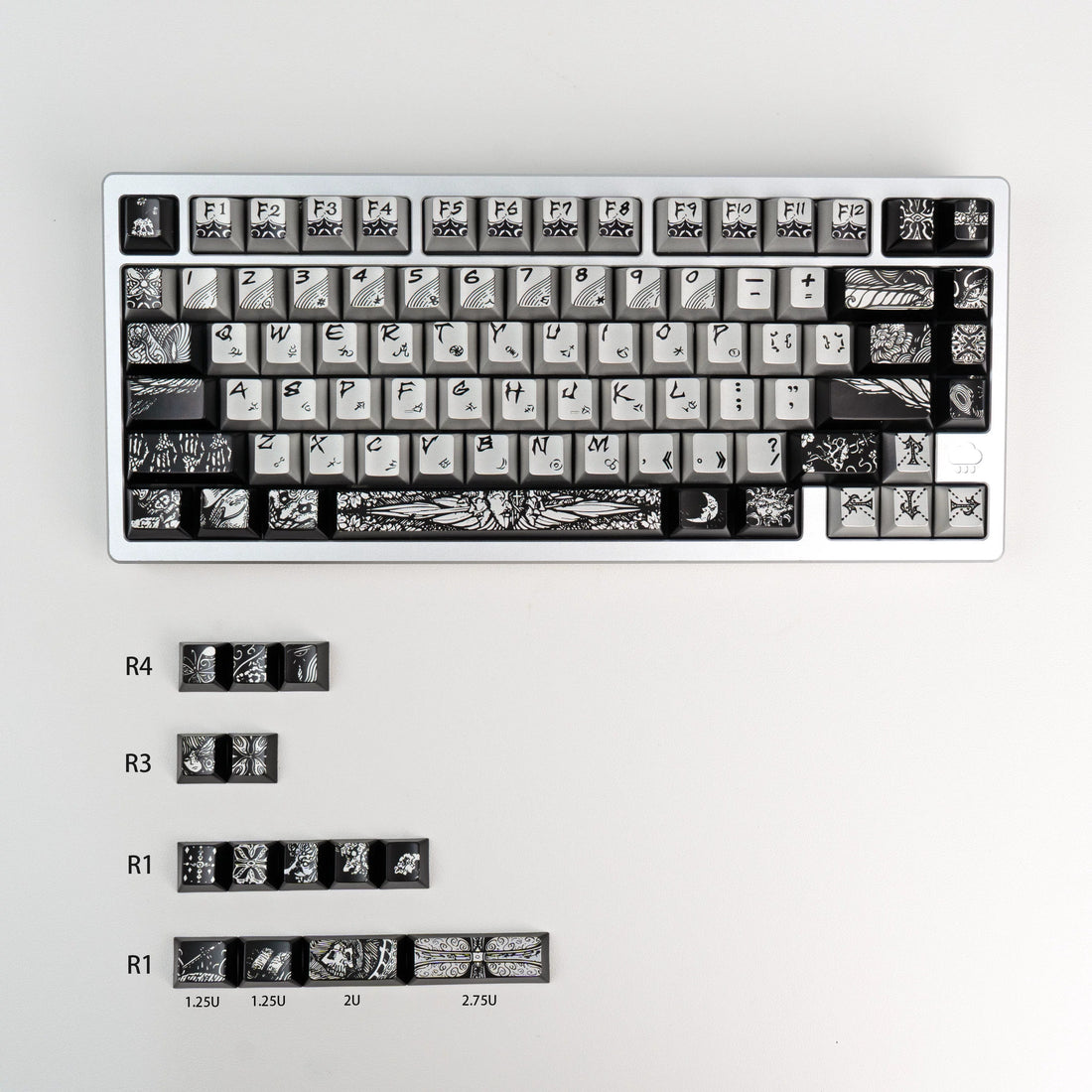 Fallen angel themed design, metallic matte texture PBT material personalized keycap set,  cultural creative decoration keycap set, compatible with 61/64/68/75/84/87/104 mechanical keyboard