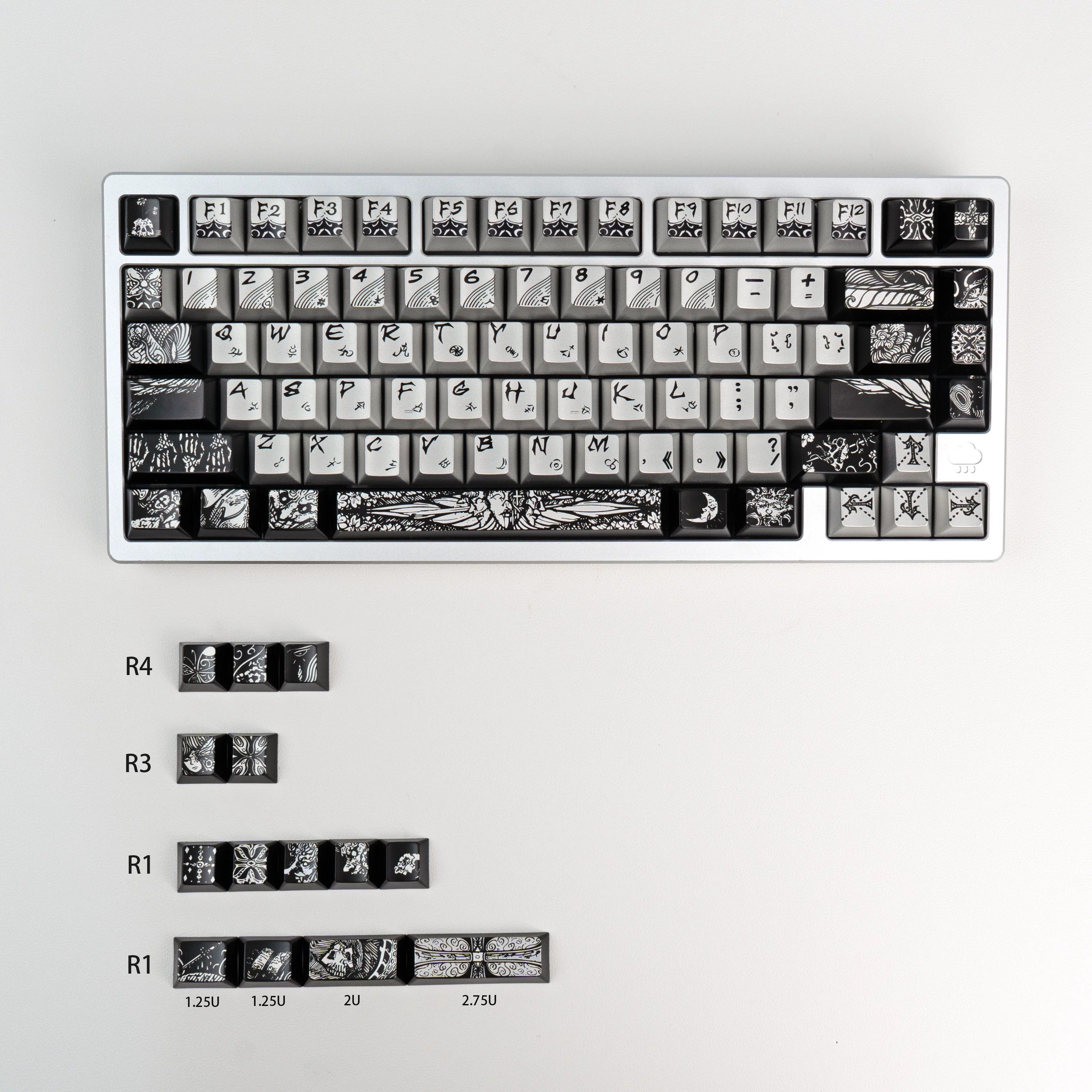 Fallen angel themed design, metallic matte texture PBT material personalized keycap set,  cultural creative decoration keycap set, compatible with 61/64/68/75/84/87/104 mechanical keyboard