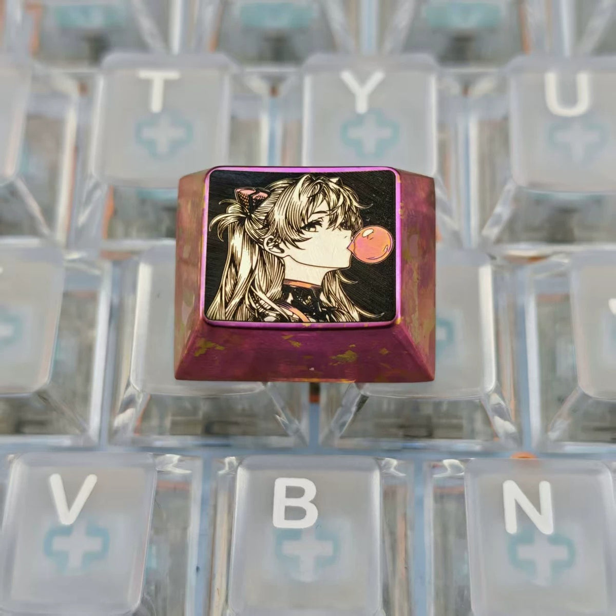 EVA, Asuka themed intricately carved lines 1.25 U titanium alloy metal personalized keycaps, anime and game character peripheral products, decorative keycaps.