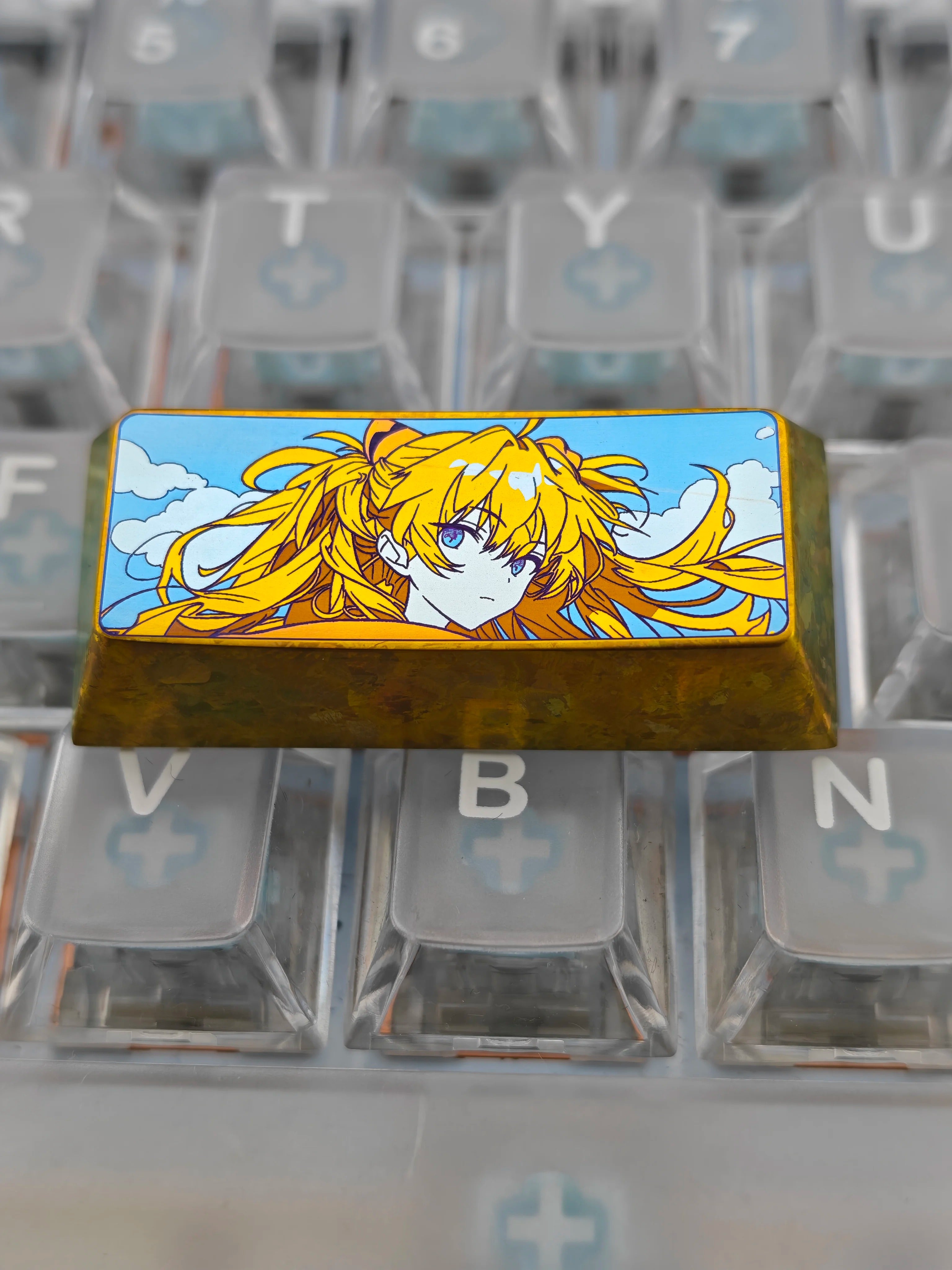 EVA， Asuka, Yellow Hair Version 2.25 U Titanium alloy personalized keycaps, anime and game cultural creative keycaps, mechanical keyboard decorative keycaps