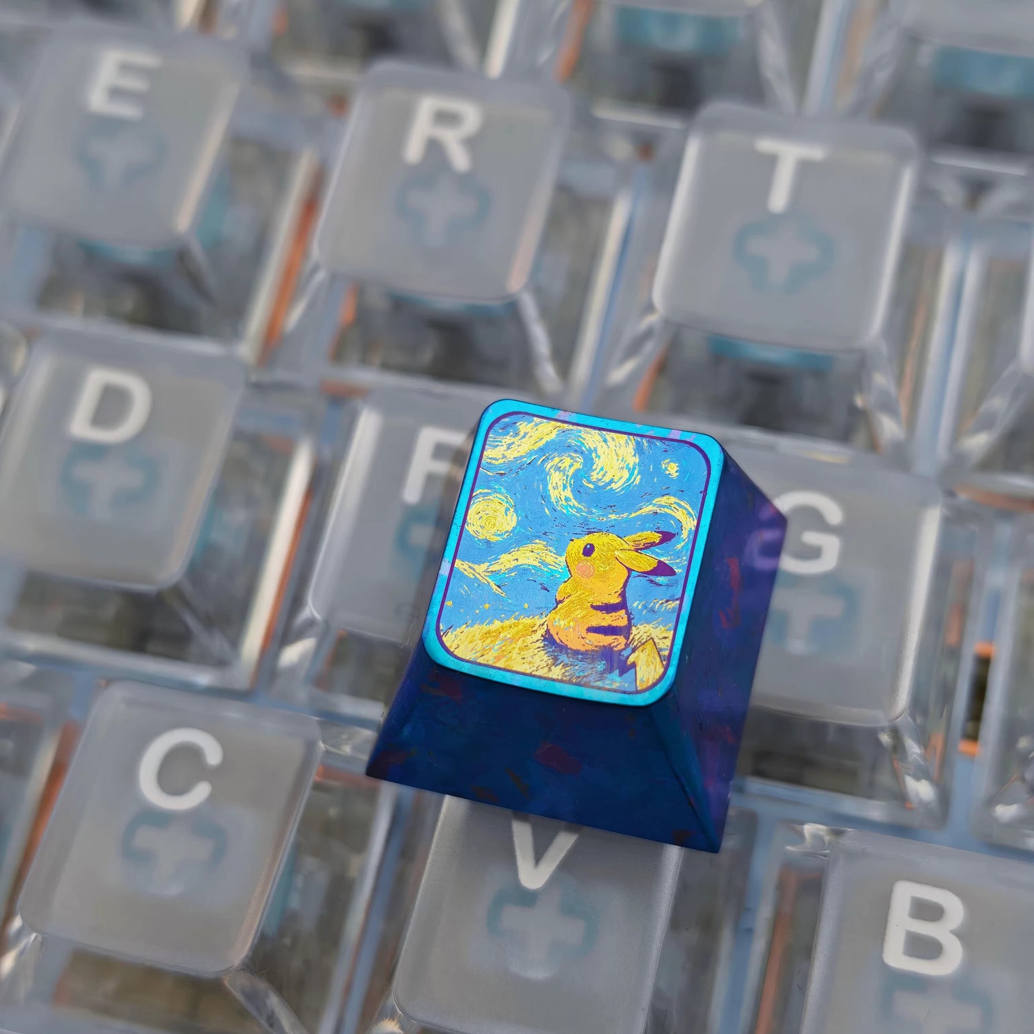 Pok é mon series, Starry Sky Pikachu 1U titanium alloy metal personalized keycaps, anime and game culture creative decorative keycaps