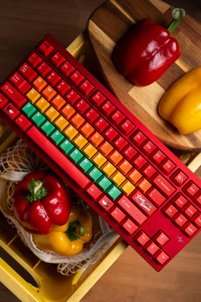 Chili themed personalized keycap set factory height, PBT material material personalized keycap set， Red gradient mechanical keyboard replacement keycap set, compatible with 61/64/68/75/84/87/104 mechanical keyboard replacement keycap