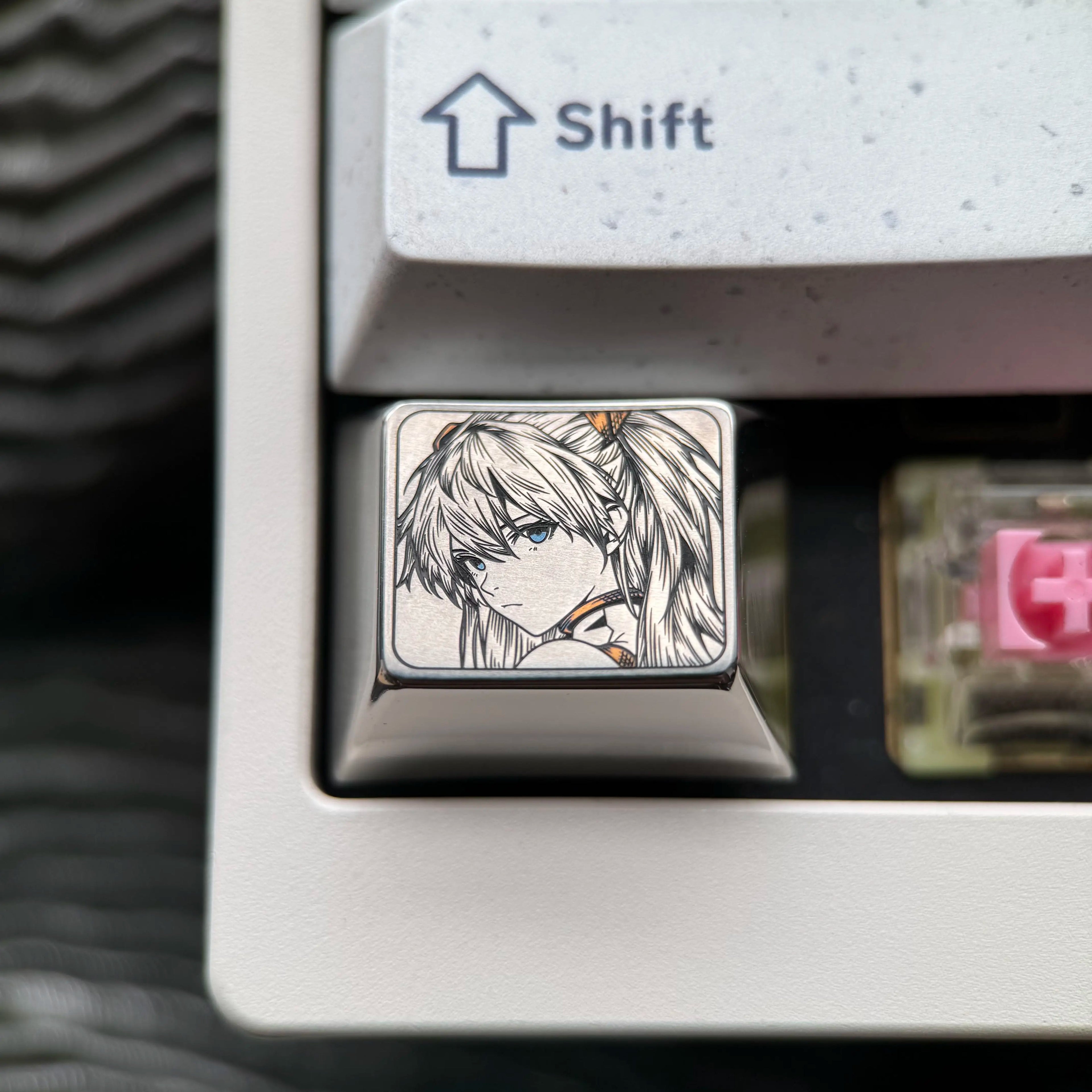 EVA， Asuka, 1.25U precision carved Titanium alloy personalized keycaps, 4 series anime creative culture metal material keycaps, mechanical keyboard decorative keycaps