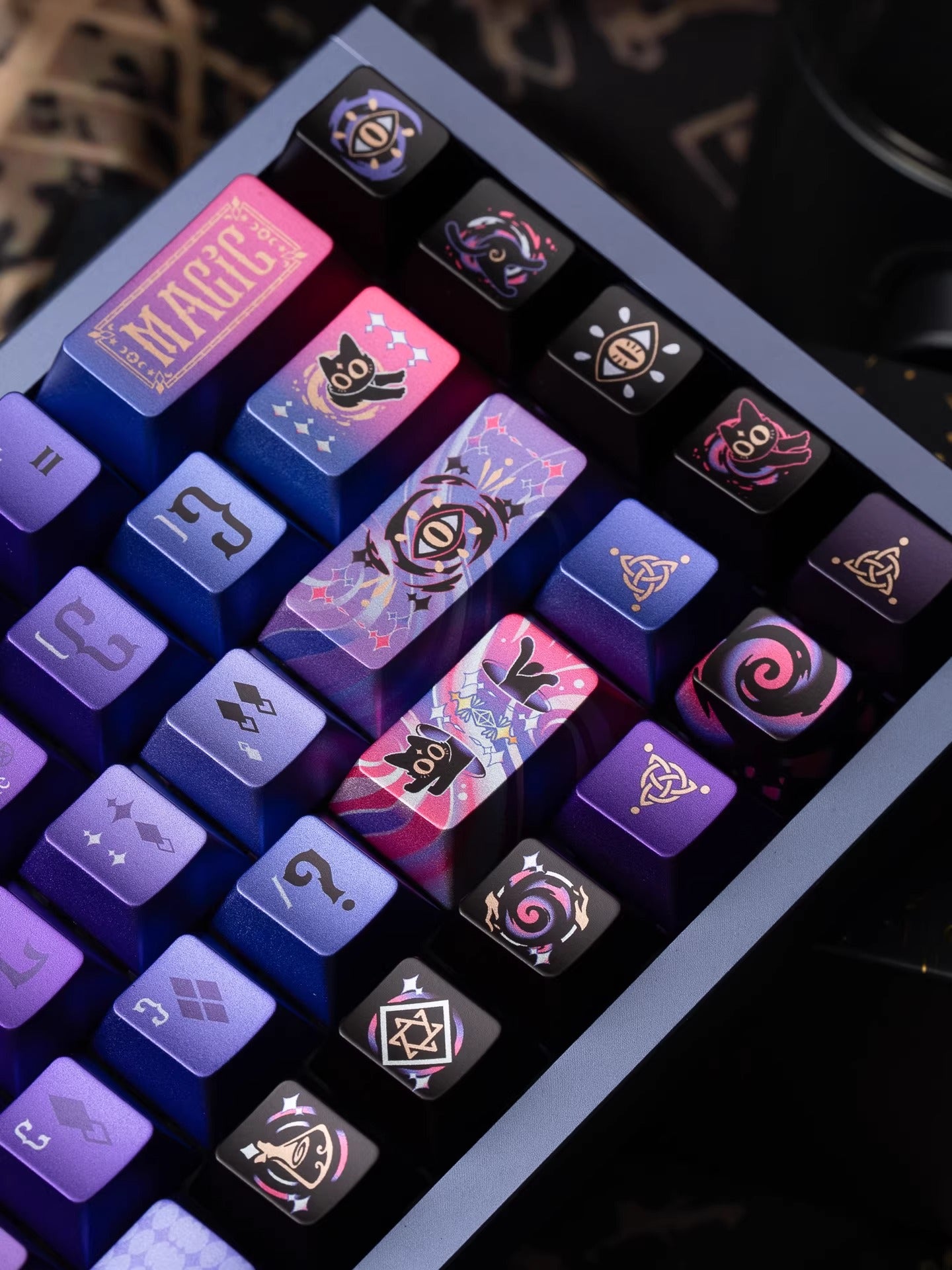 Secret Olympics Purple Black Cat Metal Paint PBT Customized Heat Sublimation Keycap Game Esports Mechanical Keyboard Decorative Keycap Set
