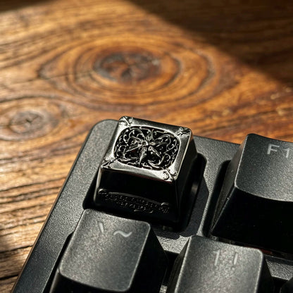 Copper plated black, retro patterned Gothic style metal accented keycaps, metal personalized keycaps, and trendy, artistic keycaps for mechanical keyboards.