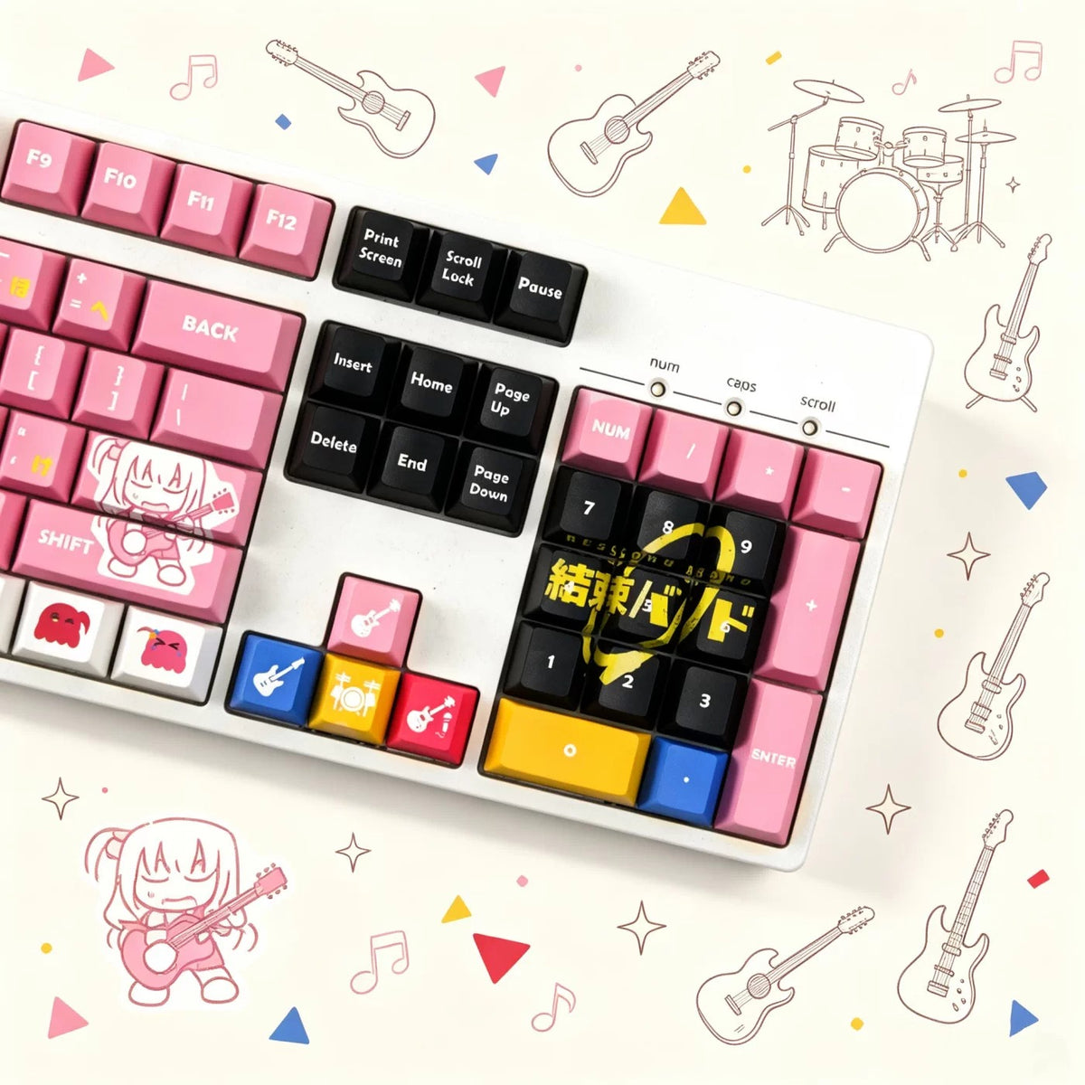 Bocchi The Rock! ， Kessoku Banndo cartoon characters PBT material personalized keycap set, anime keycap culture peripheral mechanical keyboard decoration keycaps， Compatible with 61/64/68/75/84/87/104 key mechanical keyboard keycap set