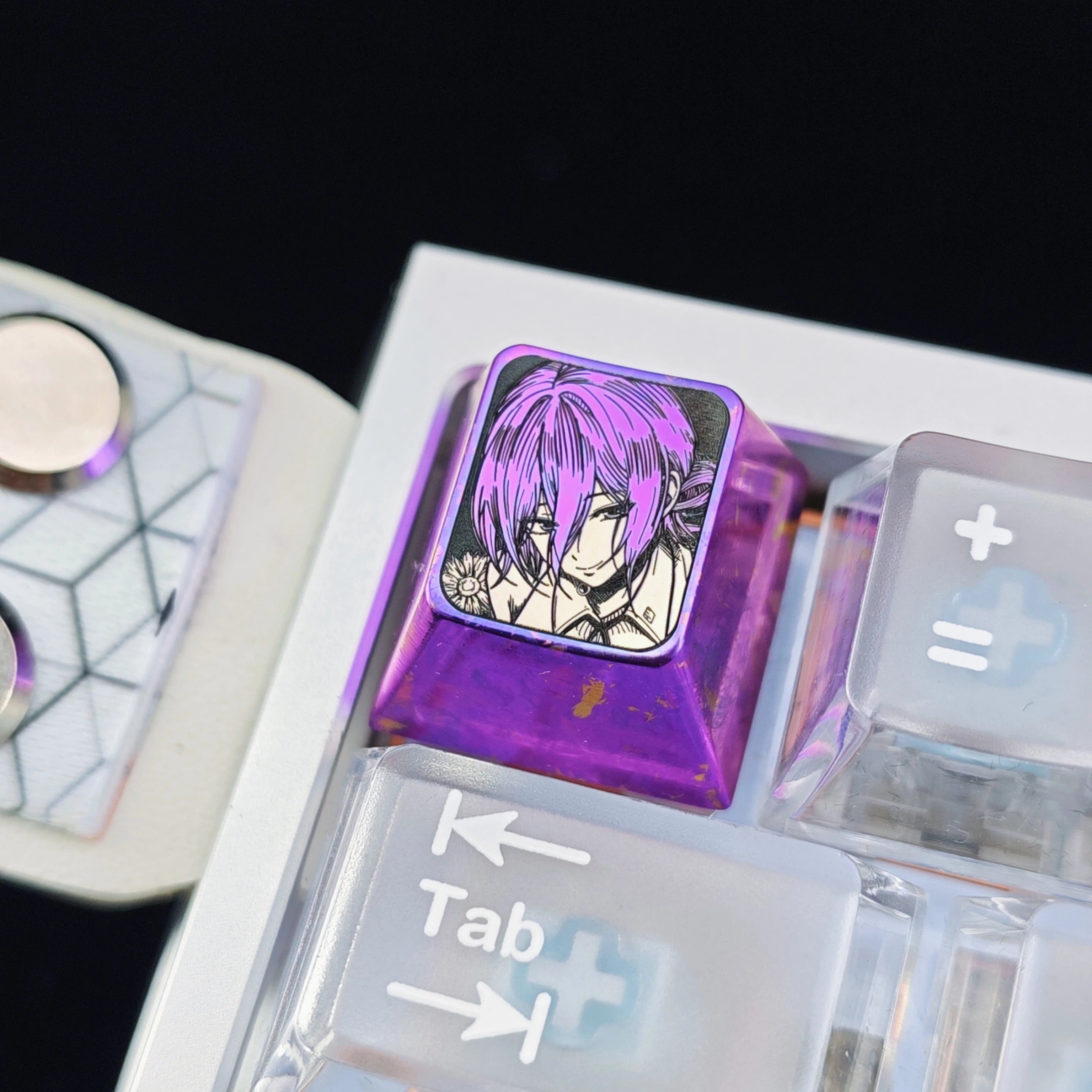 Chainsaw Man, Reze, 1U titanium alloy ice crystal+hollow personalized keycaps, anime, gaming, cultural and creative peripheral products, mechanical keyboard decoration keycaps