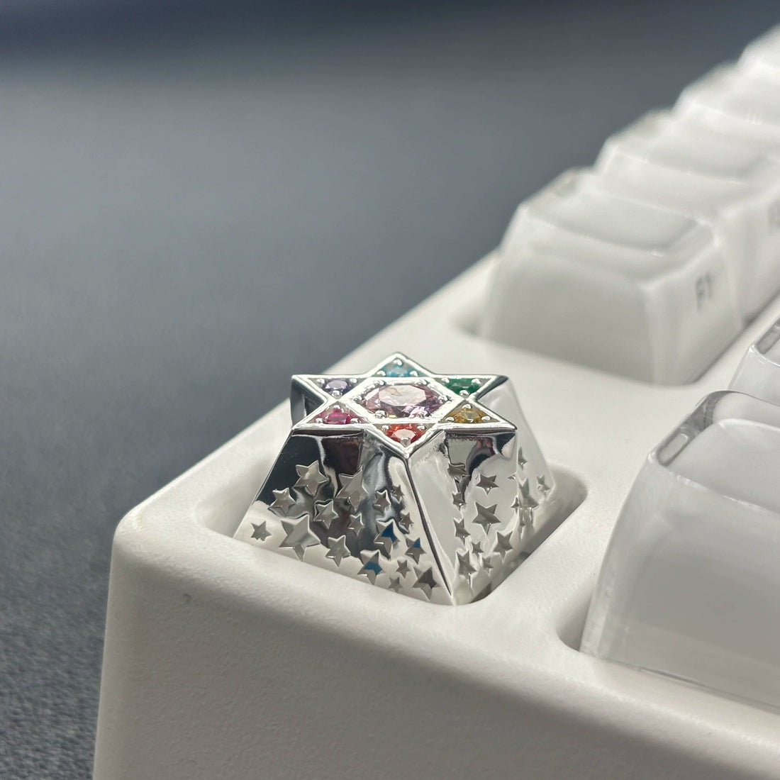 Hexagonal star, multi-color gemstone inlay, 925 sterling silver personalized keycap, hollowed out design mechanical keyboard metal decorative keycap