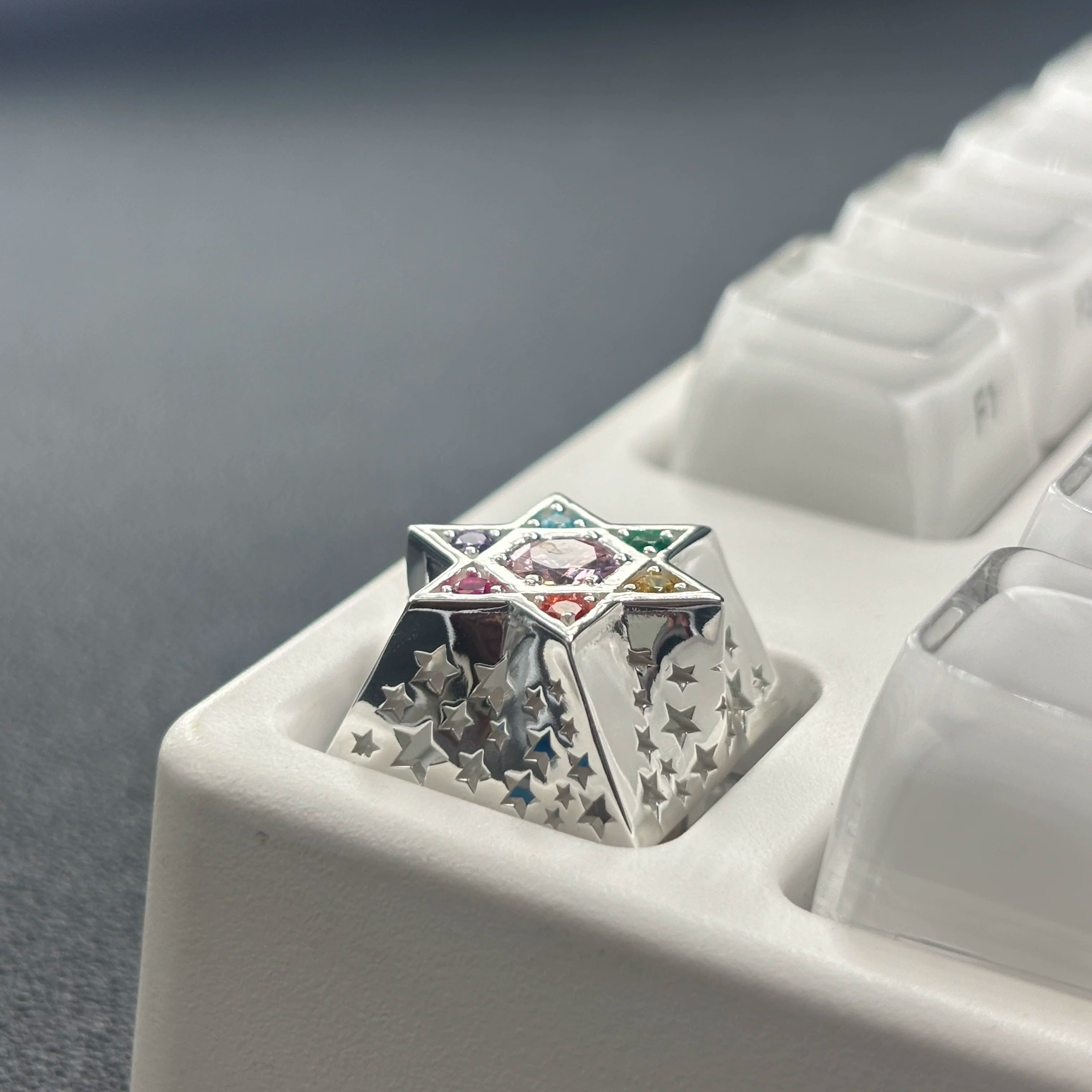 Hexagonal star, multi-color gemstone inlay, 925 sterling silver personalized keycap, hollowed out design mechanical keyboard metal decorative keycap